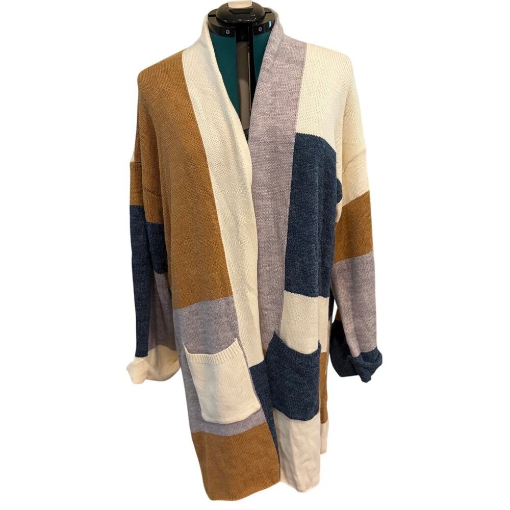 Jodifl Open Cardigan Sweater 2X Duster Color Block Knit Cozy Neutral Boho Modern